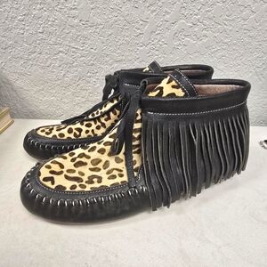 L&B Lucky & Blessed Slip On Moccisan Leather Fringe with Leopard cowhide Size 9
